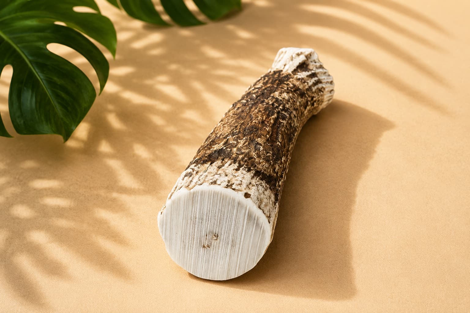 Maui axis deer antler chew on a sandy surface with a leaf in the corner